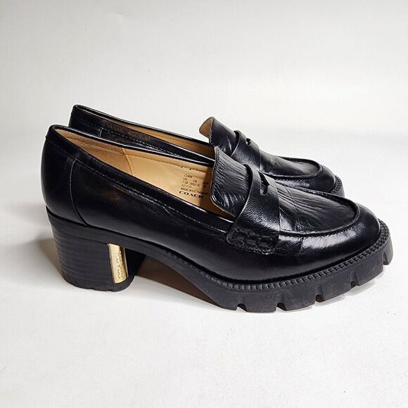 Coach Cora Loafer Pump Black Leather Chunky Heel Round Toe Slip On Size 7.5 B - Picture 1 of 12